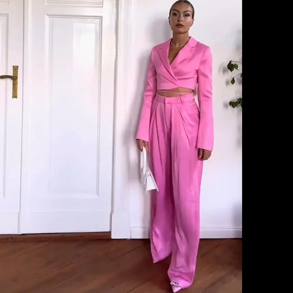 Zara 2pc Matching Set * Satin Cropped Blazer and Wide Pants Pink Size S